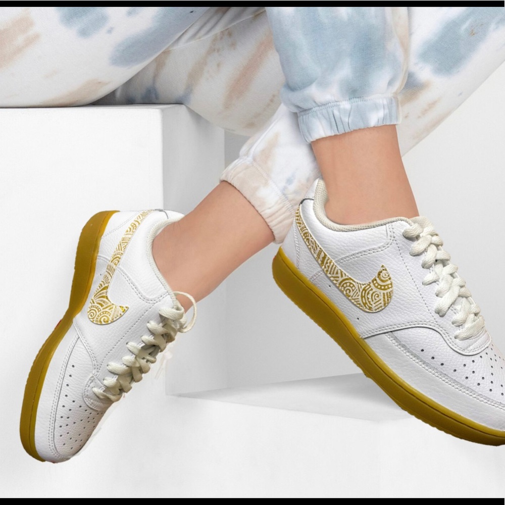 White and gold Nike custom athletic casual shoes